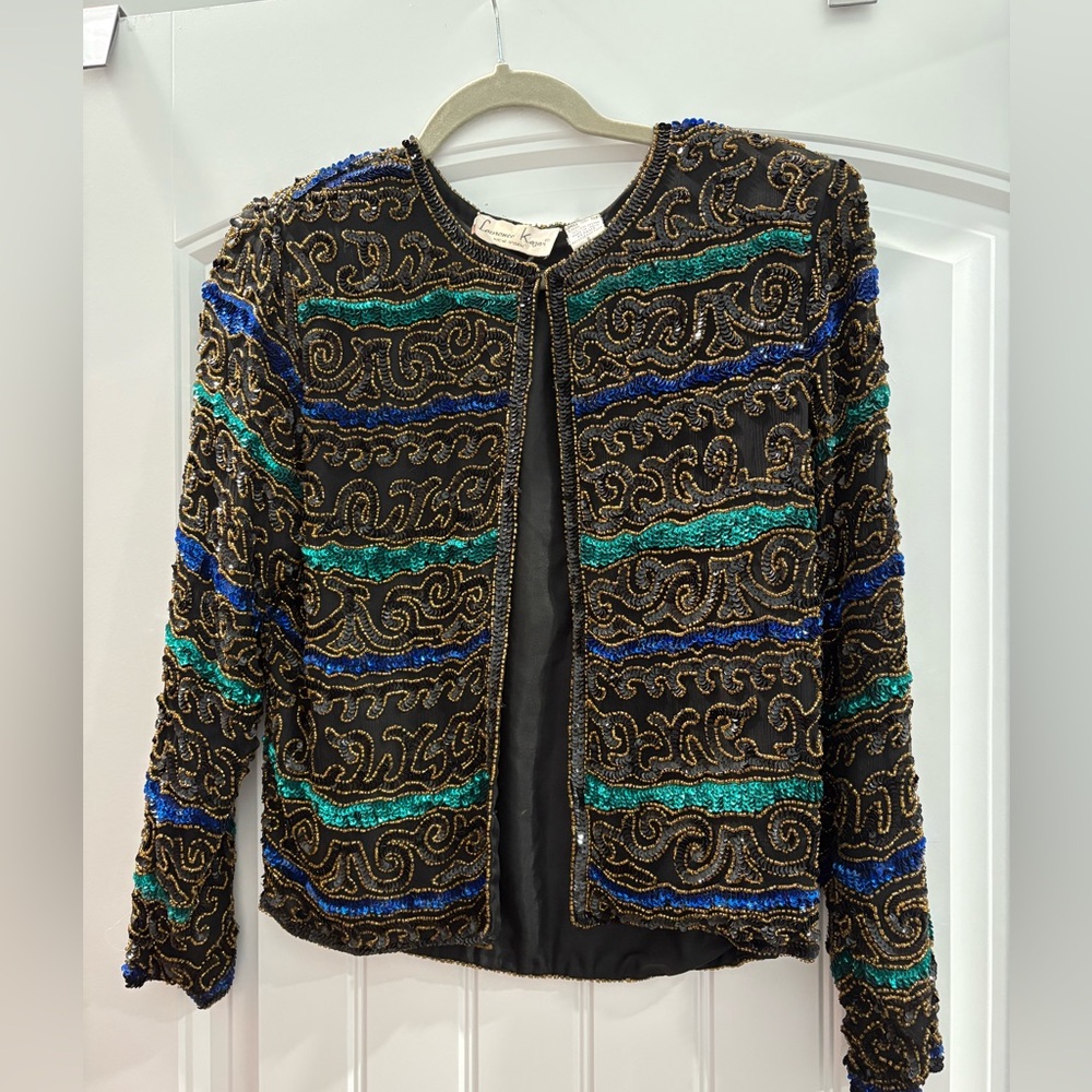 Lawrence Kazar Silk Beaded Jacket Vintage Women's Small Blue And Green Accents